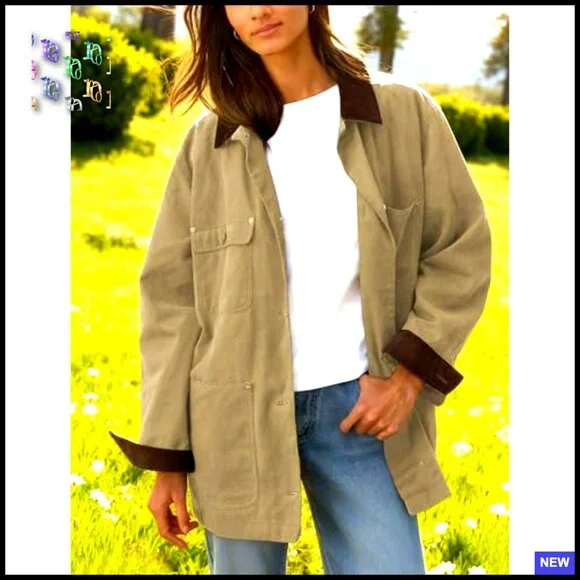 Oversized Utility Cotton Coat Corduroy Collar Vintage Workwear with Pockets